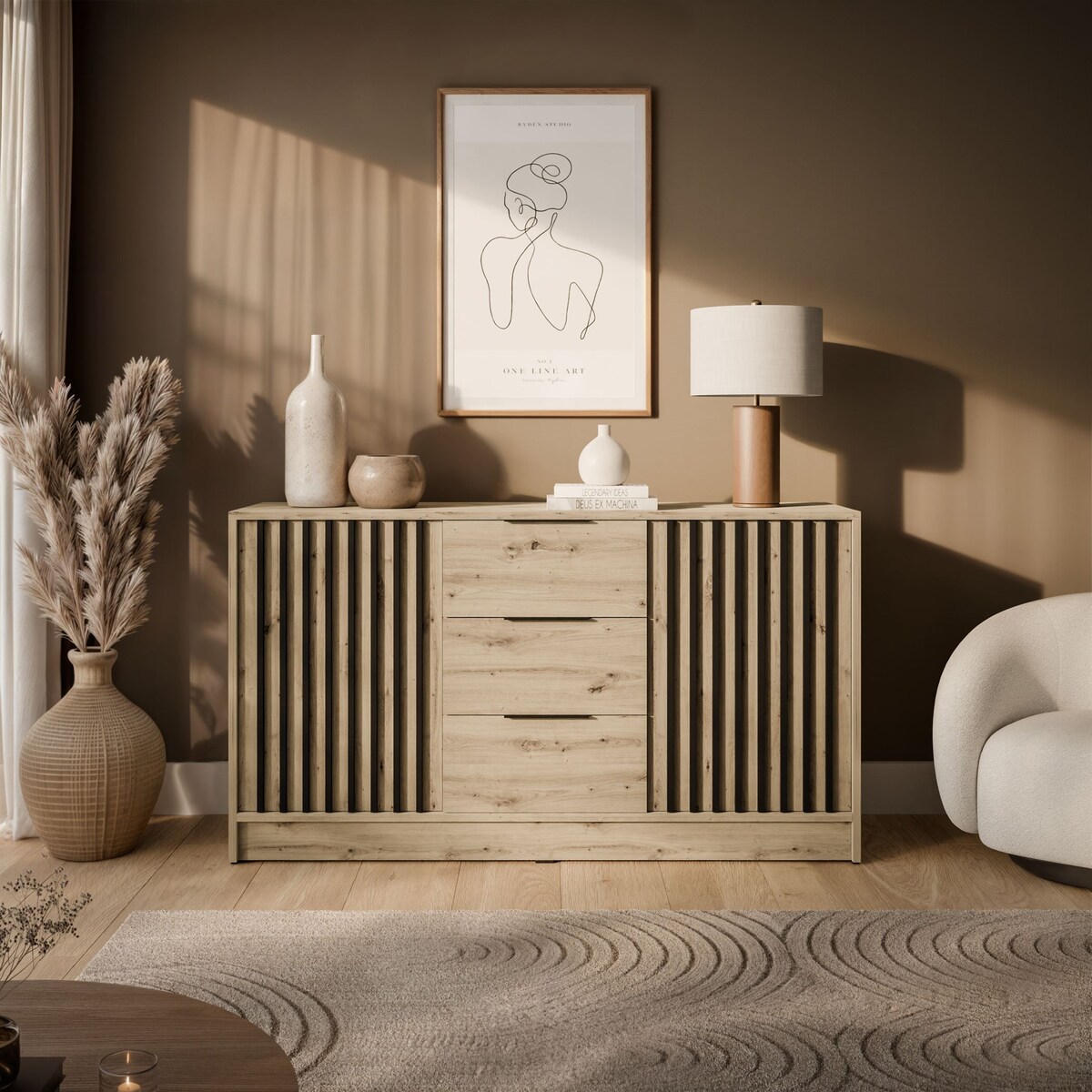 Dwudrzwiowa komoda NELA z lamelami, dąb artisan + czarny