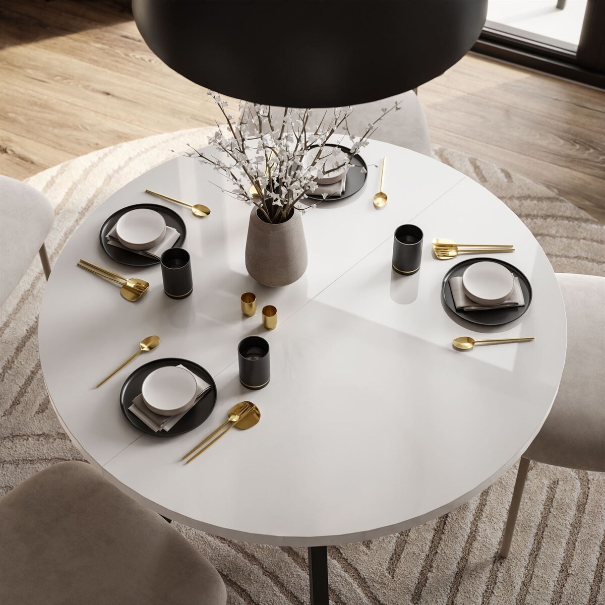 Okrągły stół rozkładany VOLTA GLOSS, nogi czarne, blat biały