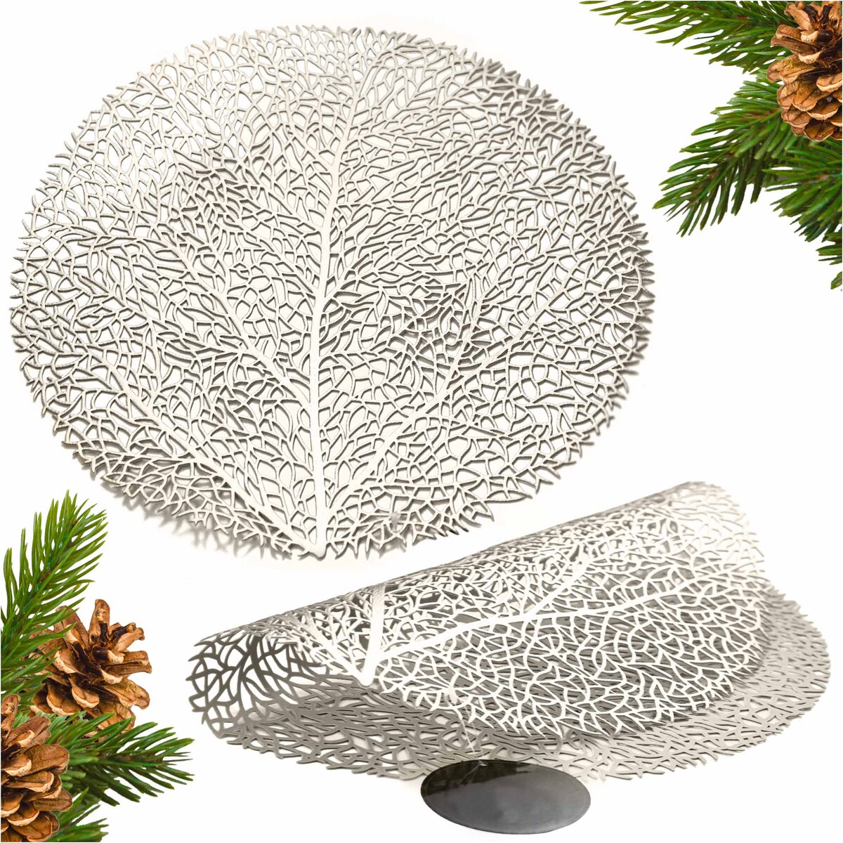 Podkładka Ażurowa Na Stół Mata Stołowa Pod Talerz Ozdoba 38 Cm Drzewo Pvc Srebrna