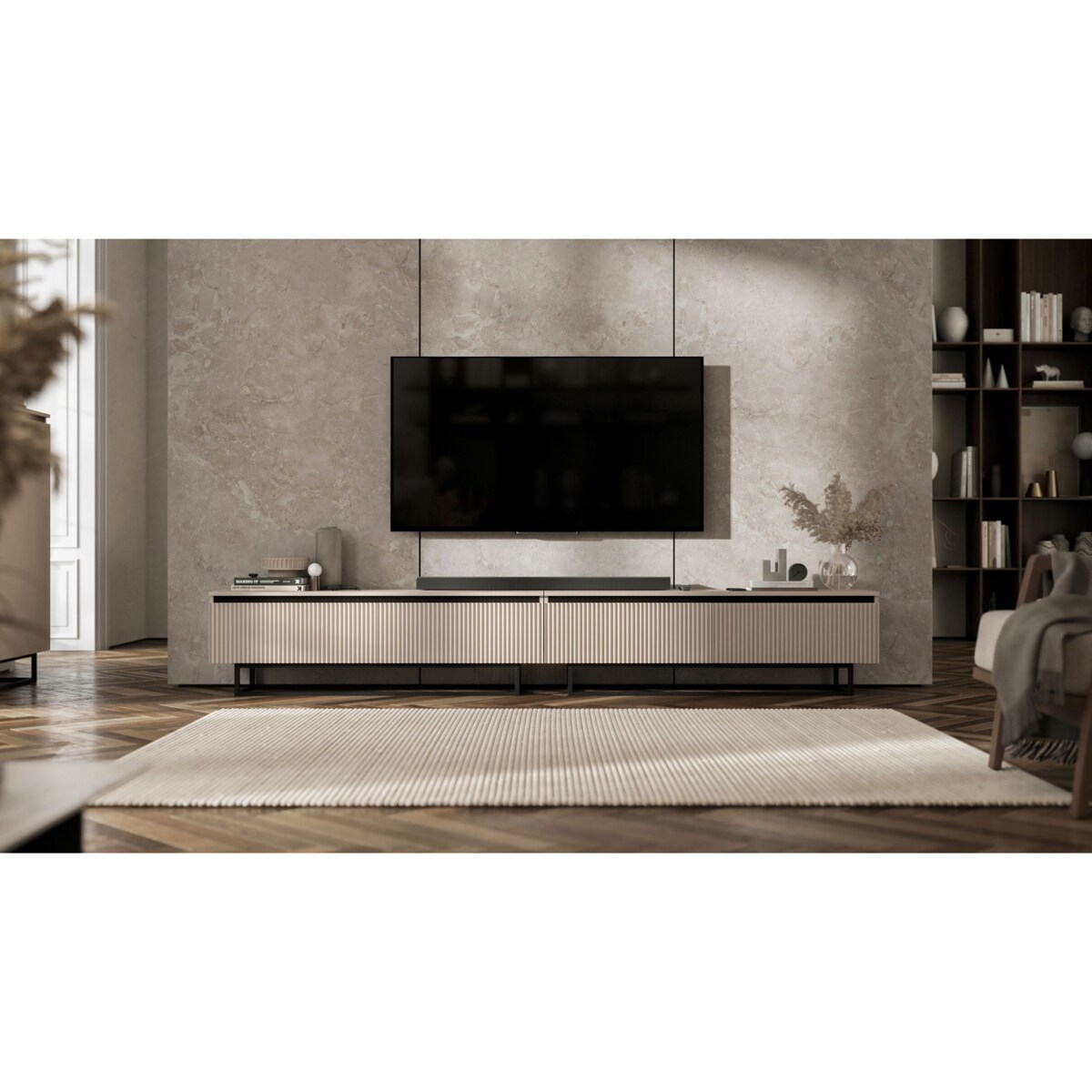 Nowoczesna Szafka RTV Glamour Komoda RTV Kaszmir Mat 280 cm czarny stelaż