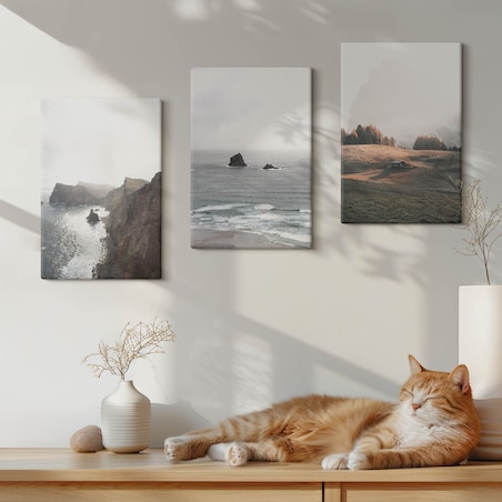 Zestaw 3 małych obrazów na płótnie - Krajobrazy gór i morza - szary