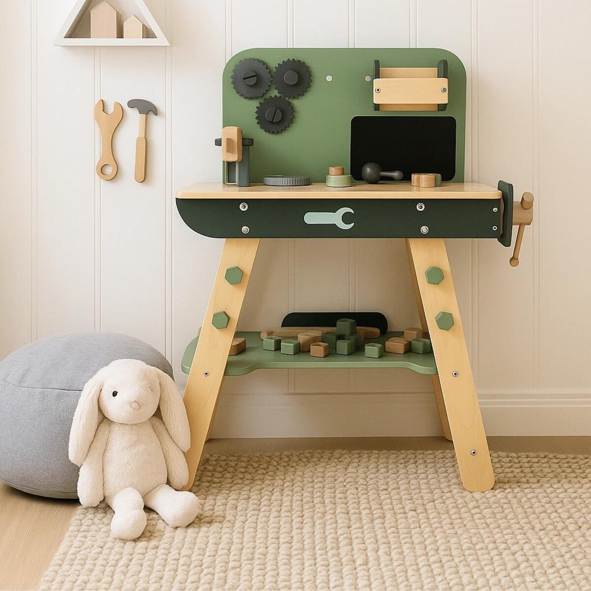 Drewniany warsztat dla dzieci z narzędziami – zestaw majsterkowicza Montessori 3+ z imadłem i akcesoriami