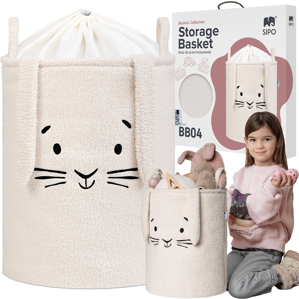 kosz na zabawki sipo, wersja premium boucle, zamykany na ściągacz, kremowy królik, xl