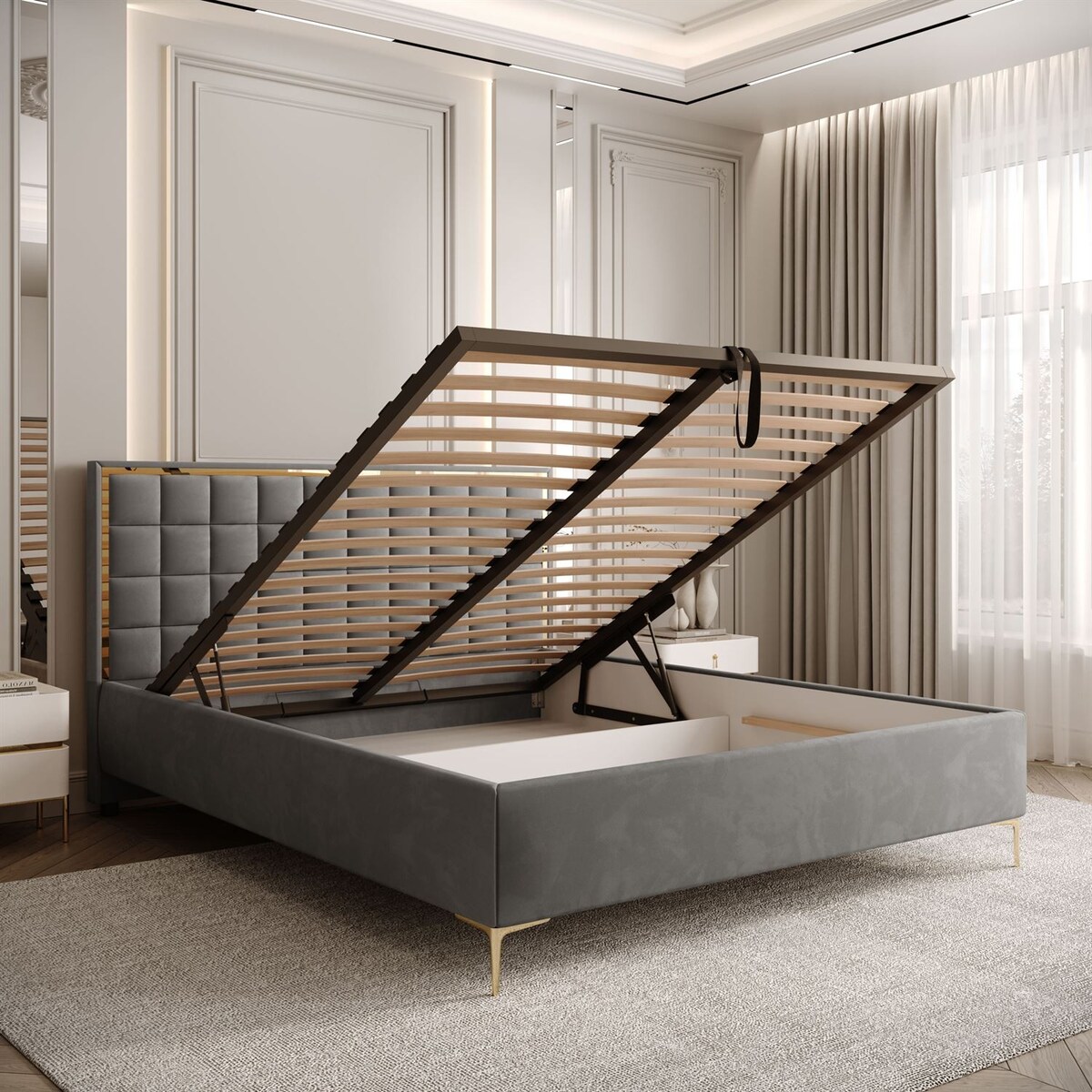Łóżko tapicerowane ISADORA GOLD, pojemnik na pościel, stelaż 34, 160x200, RV 250
