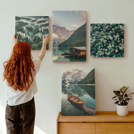 Zestaw 4 obrazów na płótnie - Górskie jezioro łódka mgła - zielony