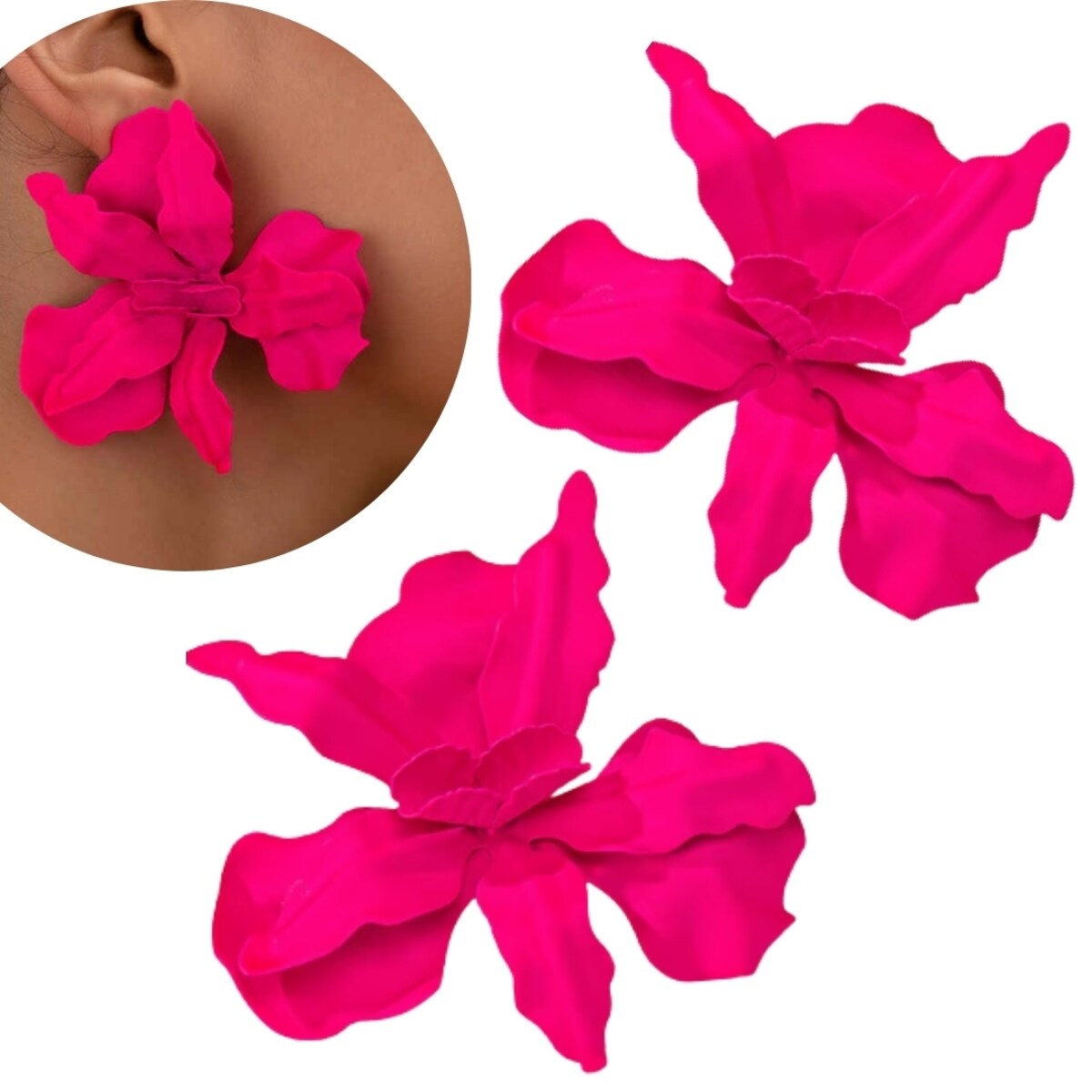 DUŻE kolczyki metalowe kwiaty FUKSJA żywe neonowe efektowne zjawiskowe MAT