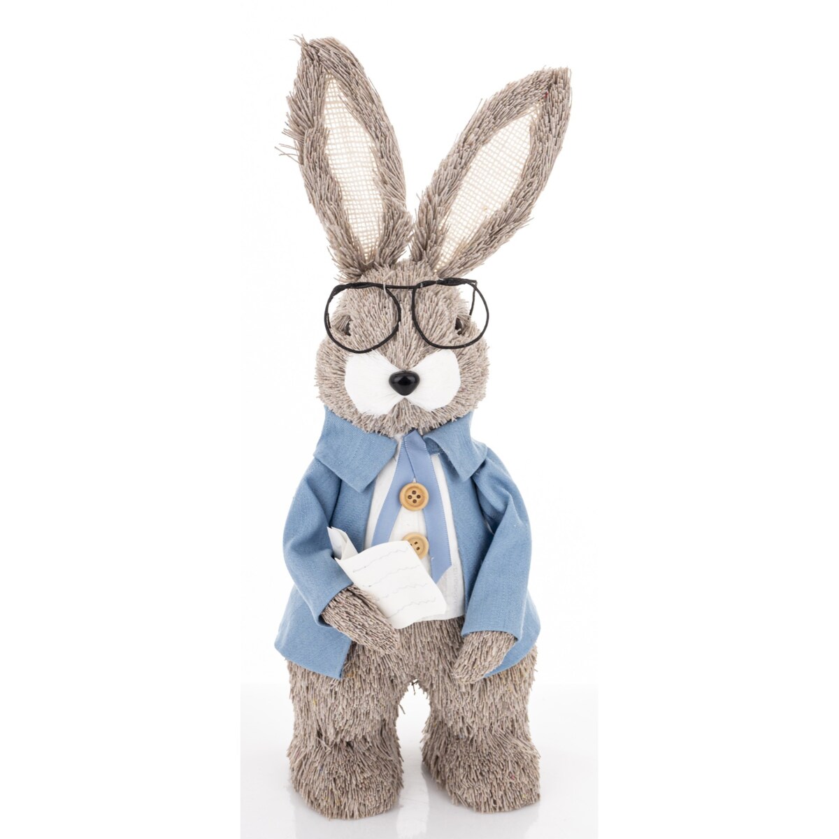 Dekoracja - króliczek w okularach 35x13x13 cm w niebieskiej kurtce