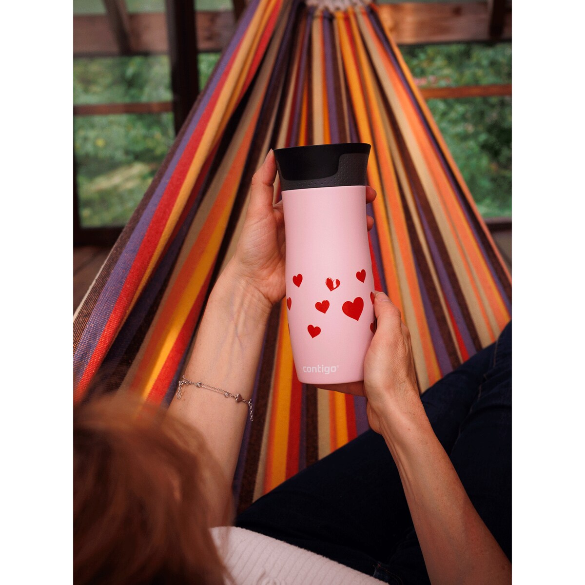 Kubek termiczny Contigo West Loop Serca 470 ml - różowy mat