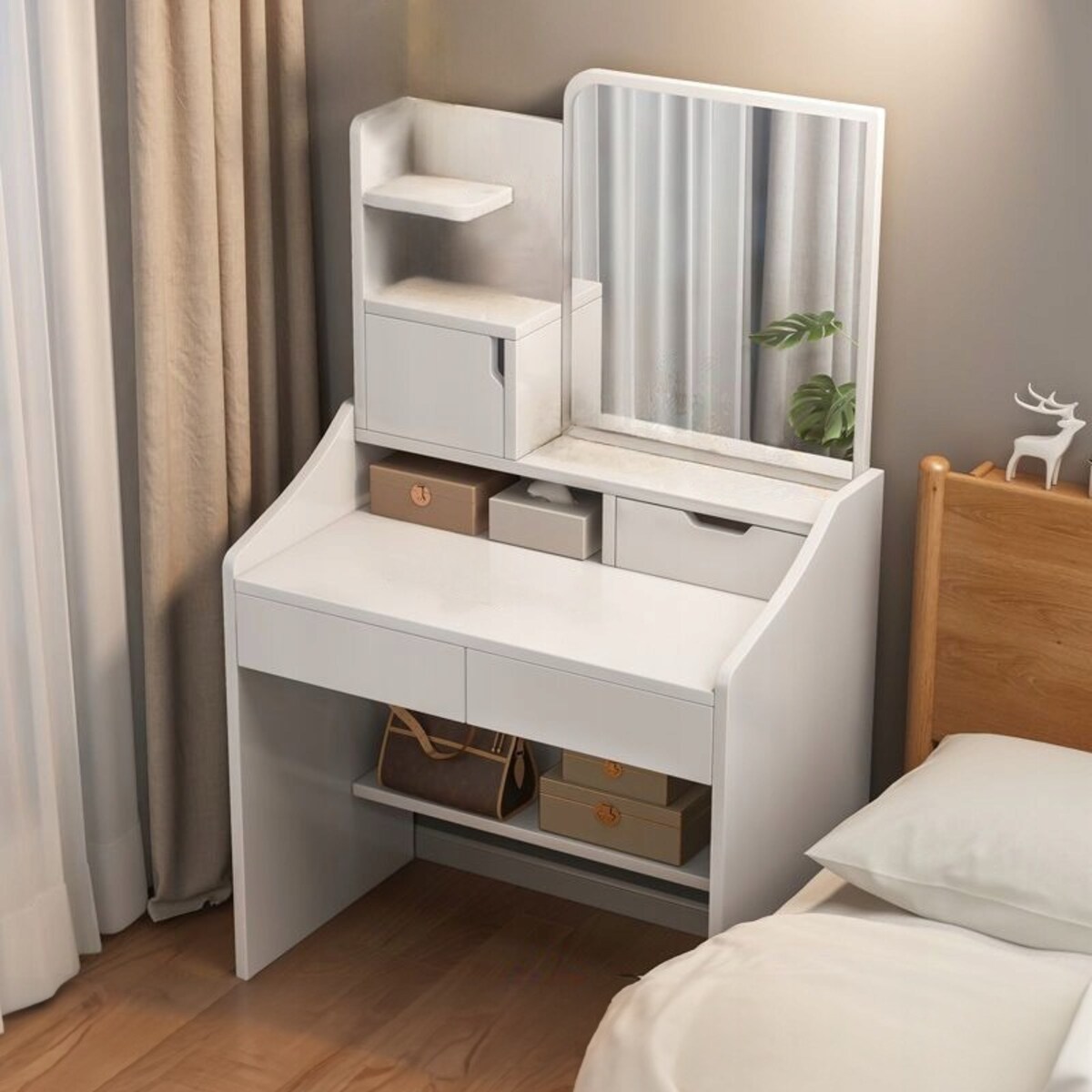 Toaletka z lustrem biała do makijażu glamour z szufladami styl skandynawski