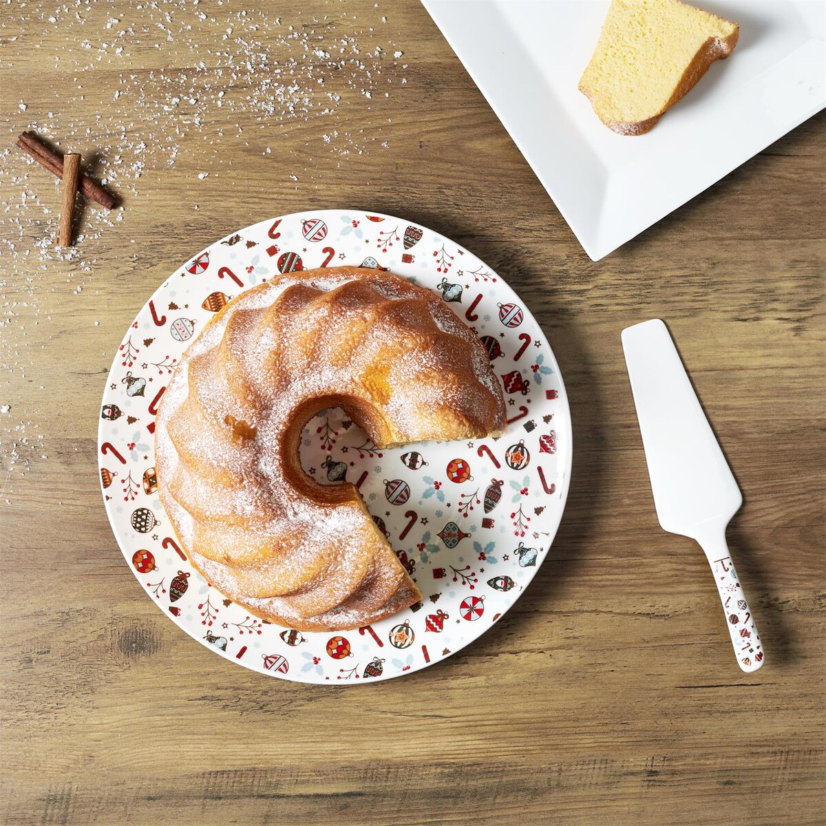 TALERZ NA CIASTO Z ŁOPATKĄ świąteczny 30 cm biały