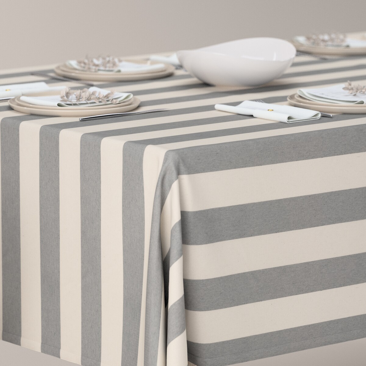 Obrus prostokątny 130 x 210 cm biało-szare pionowe pasy (5,5cm)