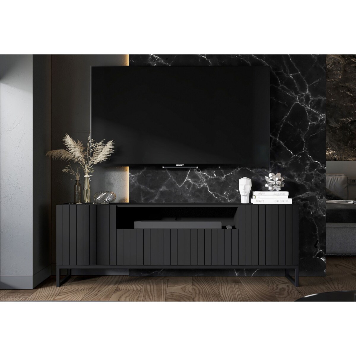 Nowoczesna Komoda RTV Szafka RTV Czarny Mat Glamour Ryflowane fronty Loft Rama 150 cm