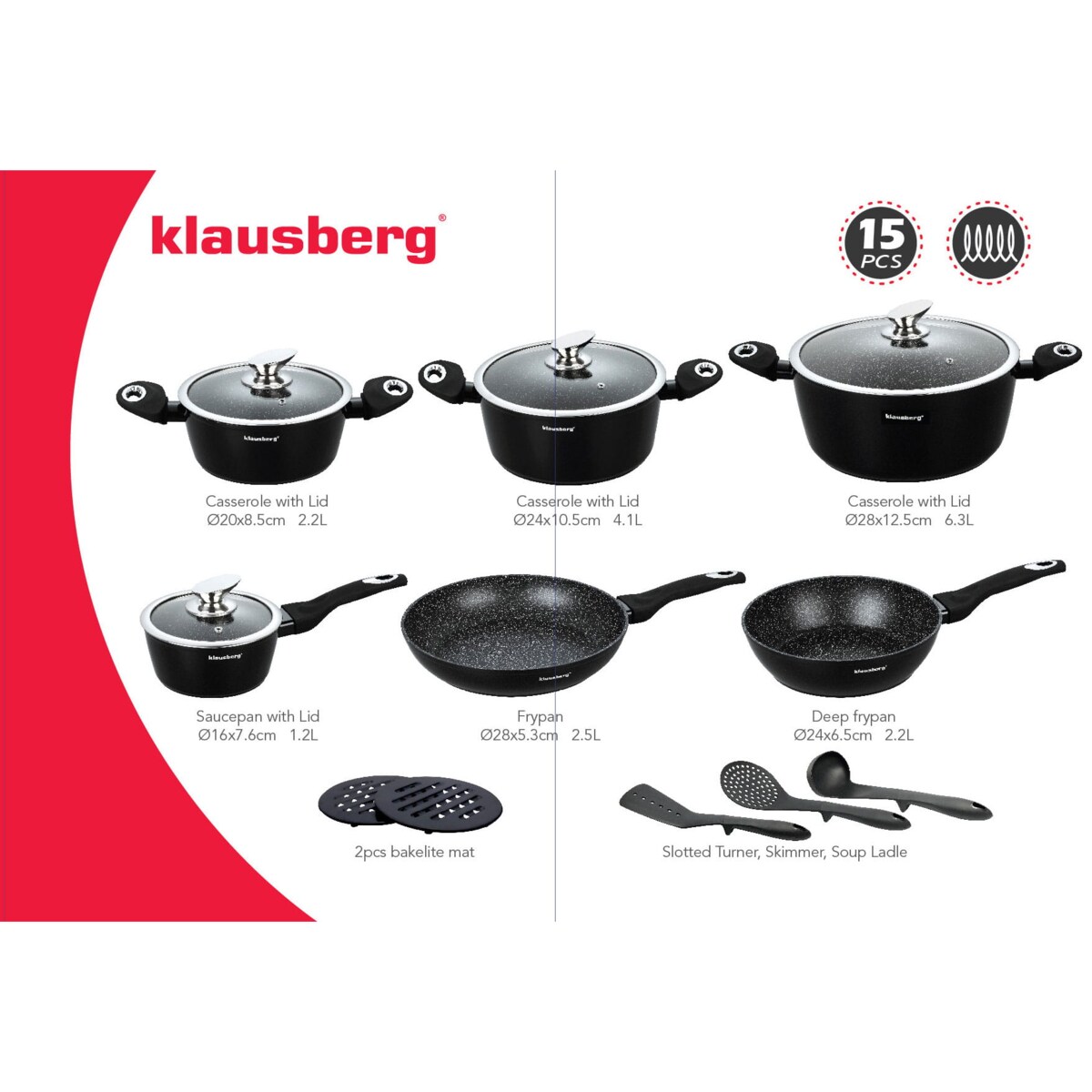 Zestaw garnków z powłoką granitową 15 ele. KLAUSBERG Marmo