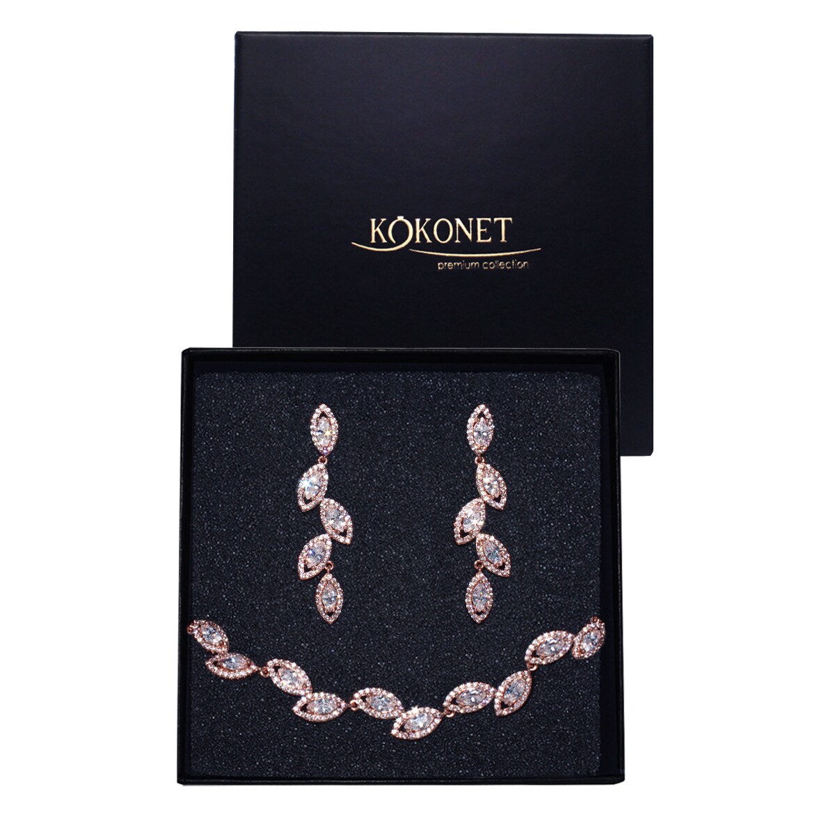 KOMPLET ślubny kolczyki bransoletka RÓŻOWE złoto listki kryształki