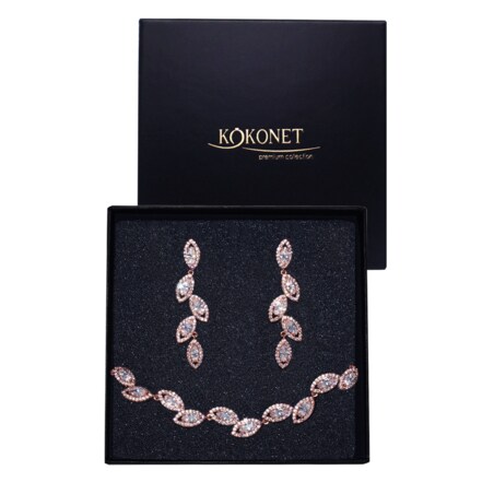 KOMPLET ślubny kolczyki bransoletka RÓŻOWE złoto listki kryształki