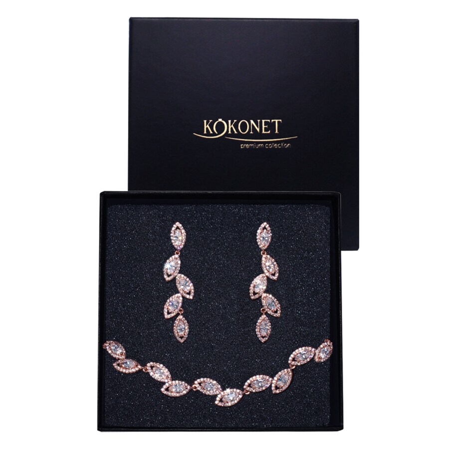 KOMPLET ślubny kolczyki bransoletka RÓŻOWE złoto listki kryształki