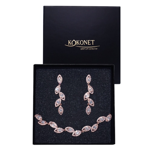 KOMPLET ślubny kolczyki bransoletka RÓŻOWE złoto listki kryształki