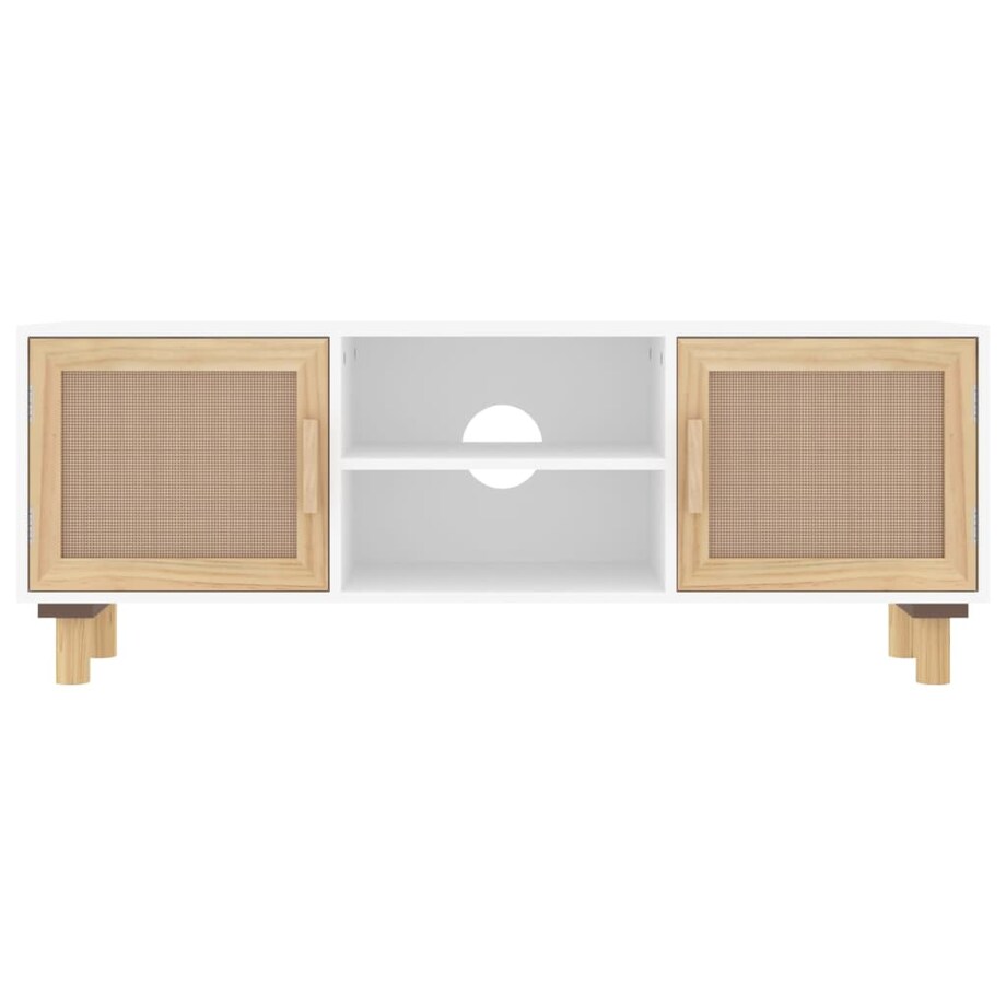 vidaXL Stolik pod TV, biały, 105x30x40 cm, drewno sosnowe i rattan