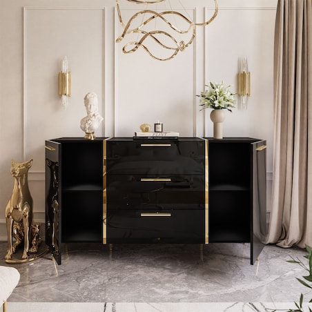 Komoda z szufladami ONYX na złotych nóżkach wysoki połysk 158 cm, czarna, uchwyty złote