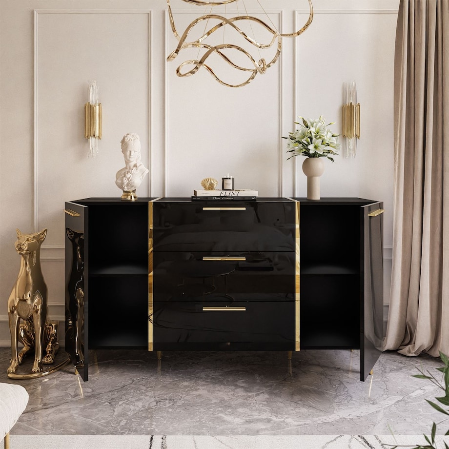Komoda z szufladami ONYX na złotych nóżkach wysoki połysk 158 cm, czarna, uchwyty złote