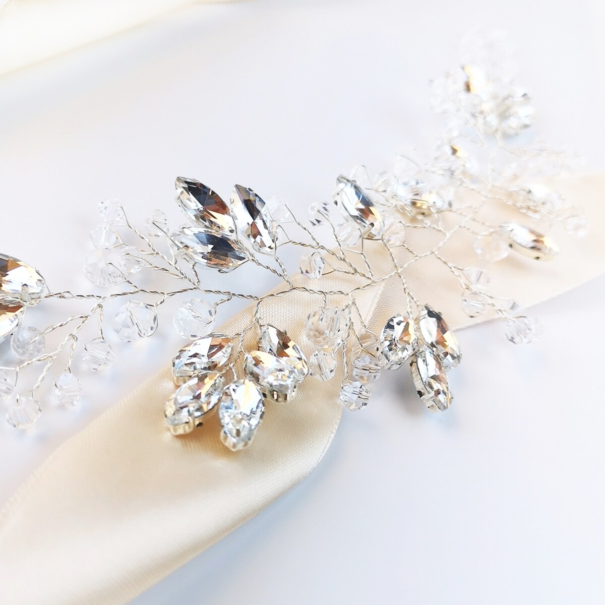 Gałązka ślubna srebrna BOGATA z cyrkoniami i kryształkami