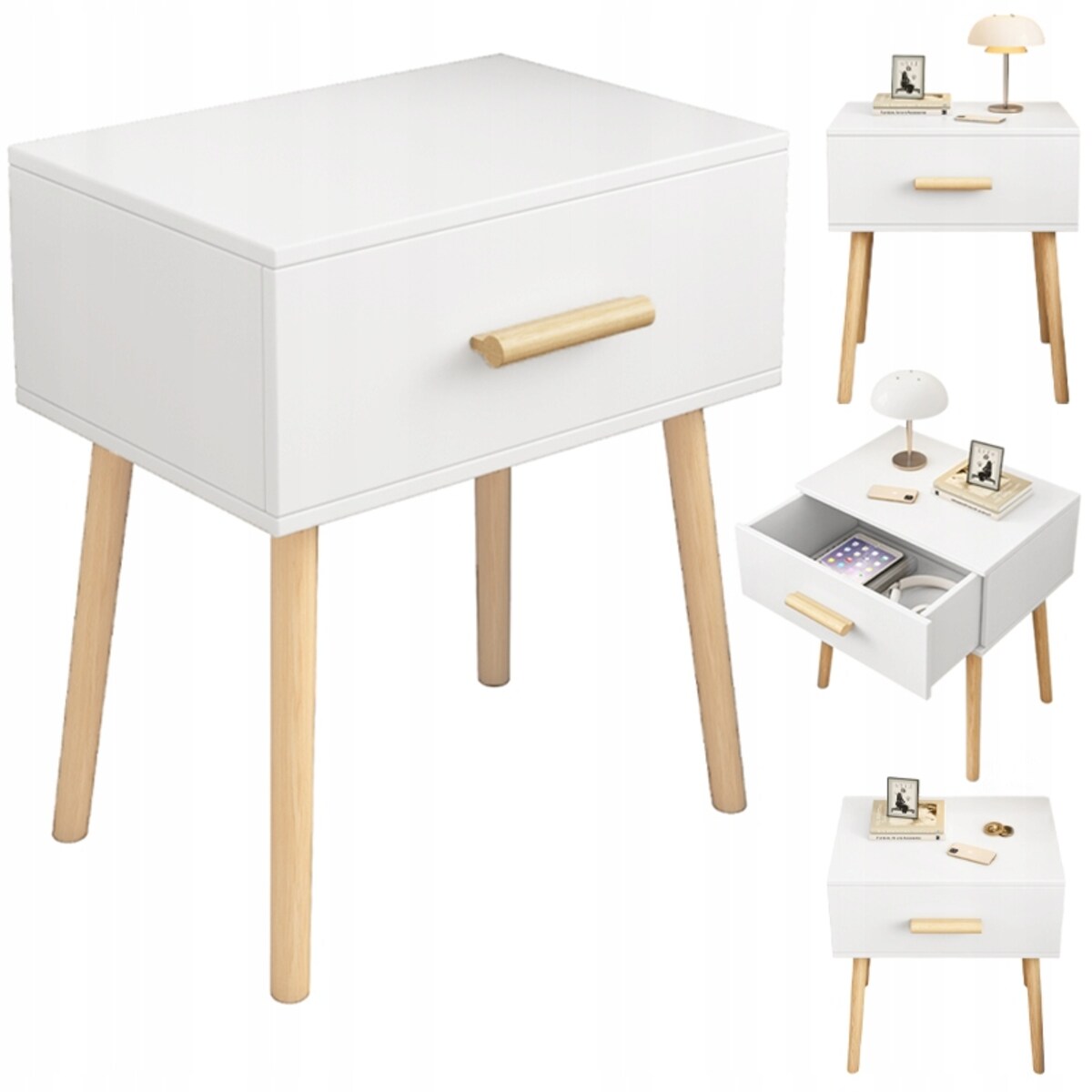 Szafka nocna z szufladą biała stolik skandynawski glamour sypialni salonu