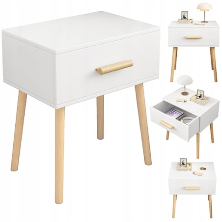 Szafka nocna z szufladą biała stolik skandynawski glamour sypialni salonu