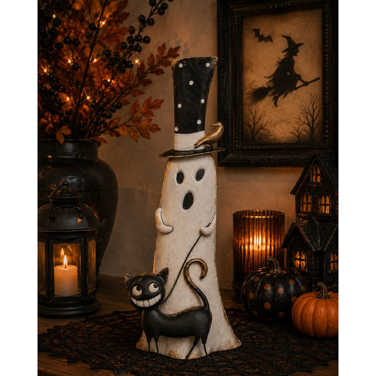 Dekoracja Halloween - Figurka metalowa biały duch 53x23x11 cm MULTO z kotem