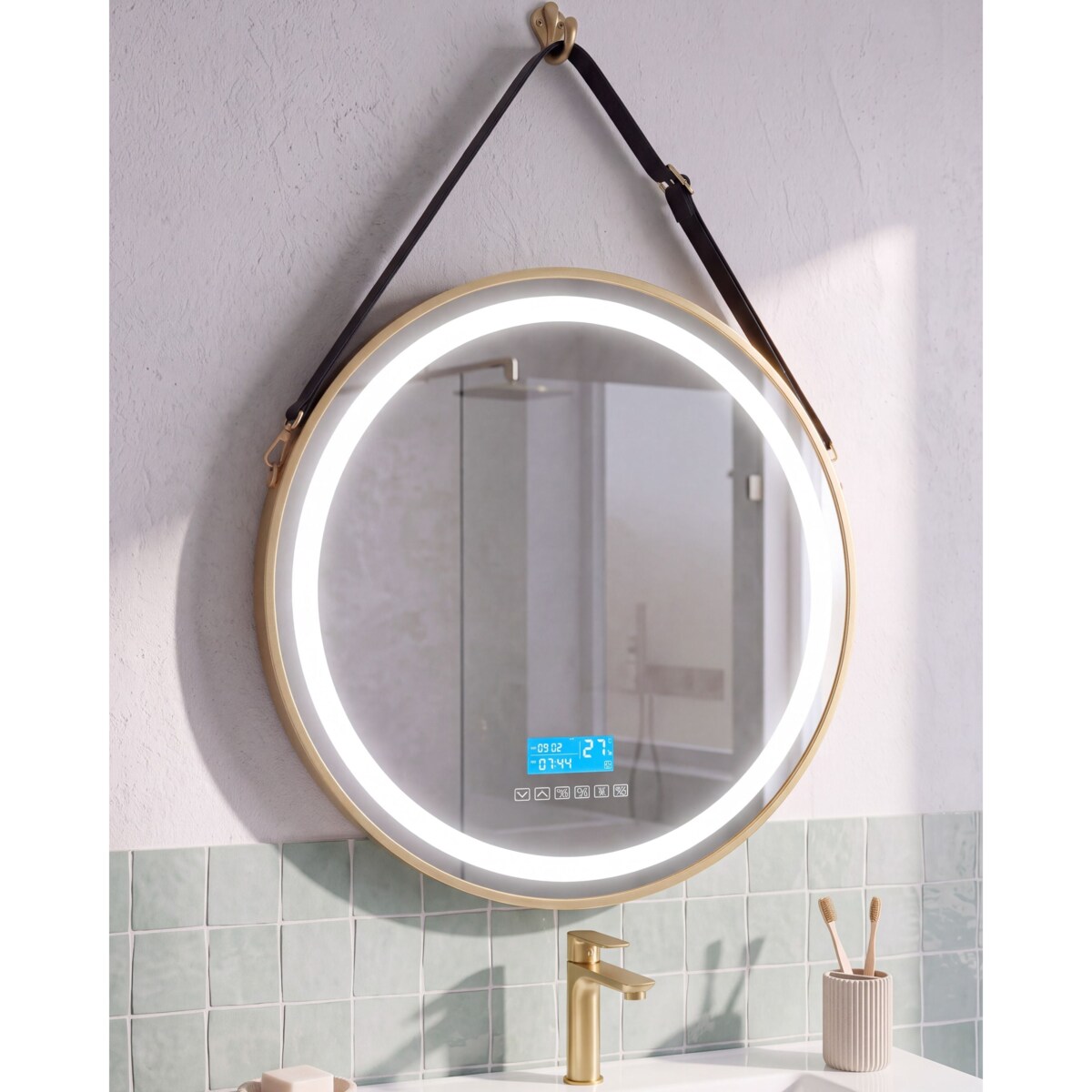 Lustro łazienkowe LED DAROIS 60 cm 60 cm Wbudowany głośnik Bluetooth Złoty