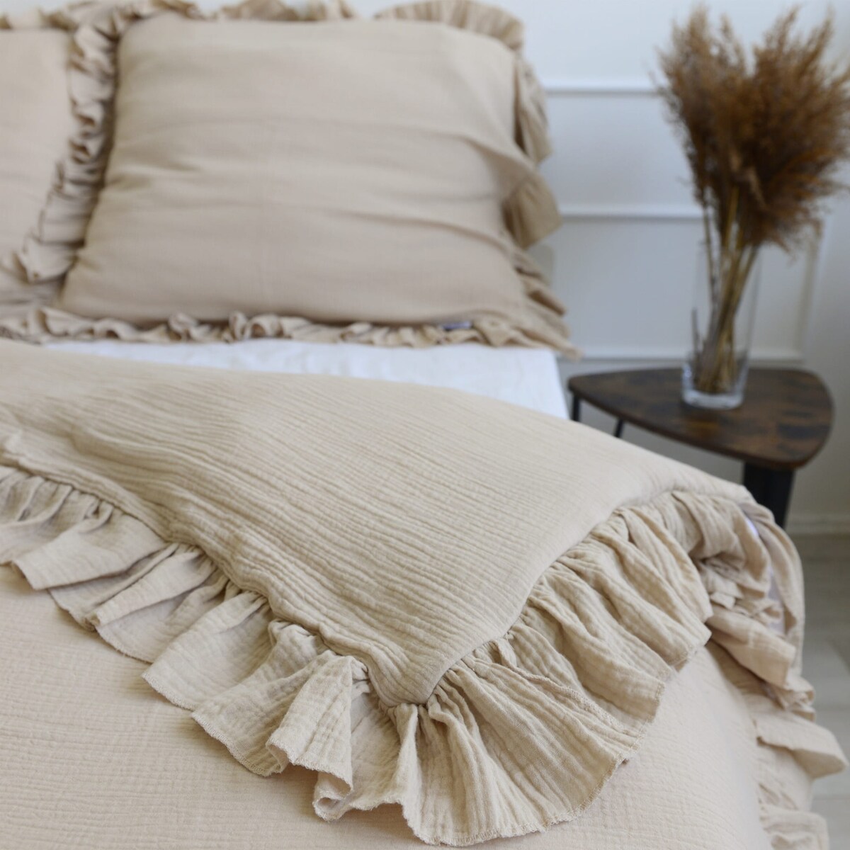 Pościel muślinowa z falbanką boho beż 160x200 + 2x50x60