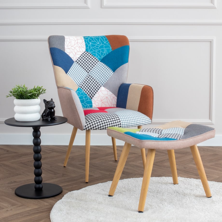 Fotel z podnóżkiem tapicerowanym wypoczynkowy patchwork do salonu wygodny