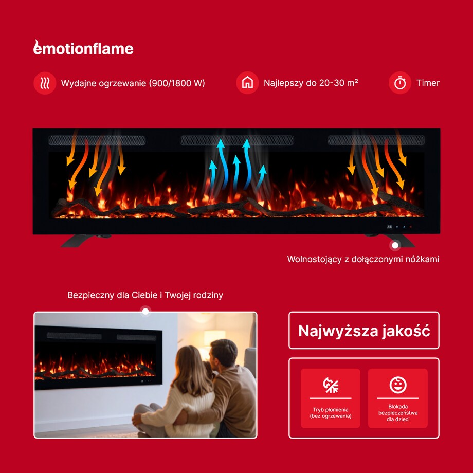 Kominek elektryczny Emotion Flame Monarch 107 - ścienny i do zabudowy - 107x13x35 cm - kominek LED z funkcją grzania 900/1800 W