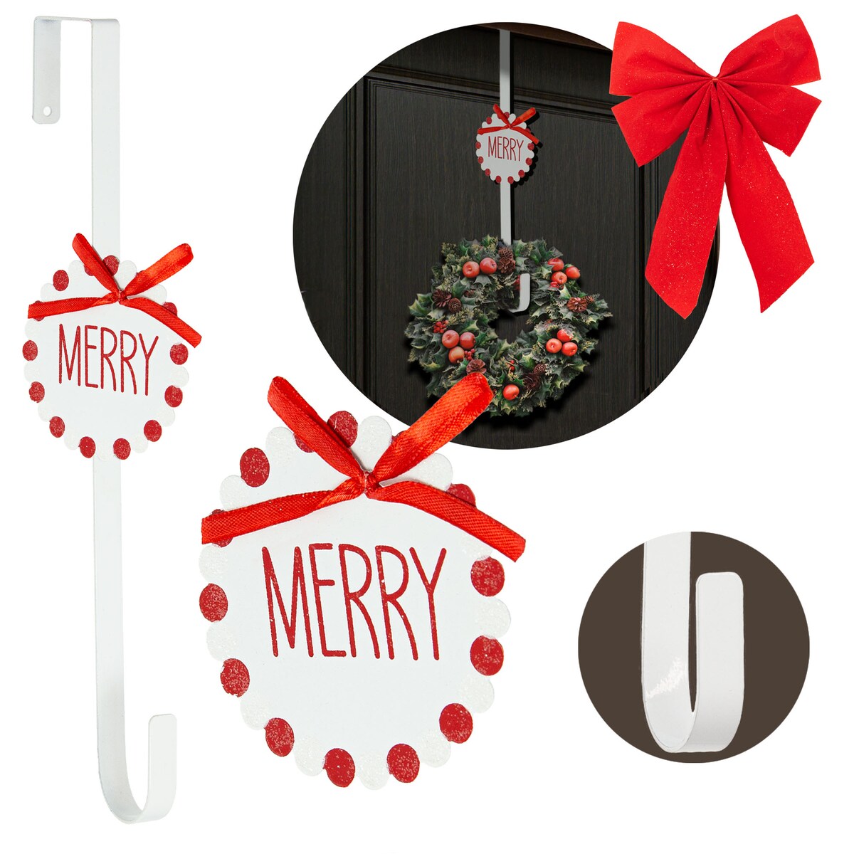 Wieszak Na Wianek Drzwi Na Ozdoby 37,5 Cm Świąteczny Boże Narodzenie Biały Z Kokardą