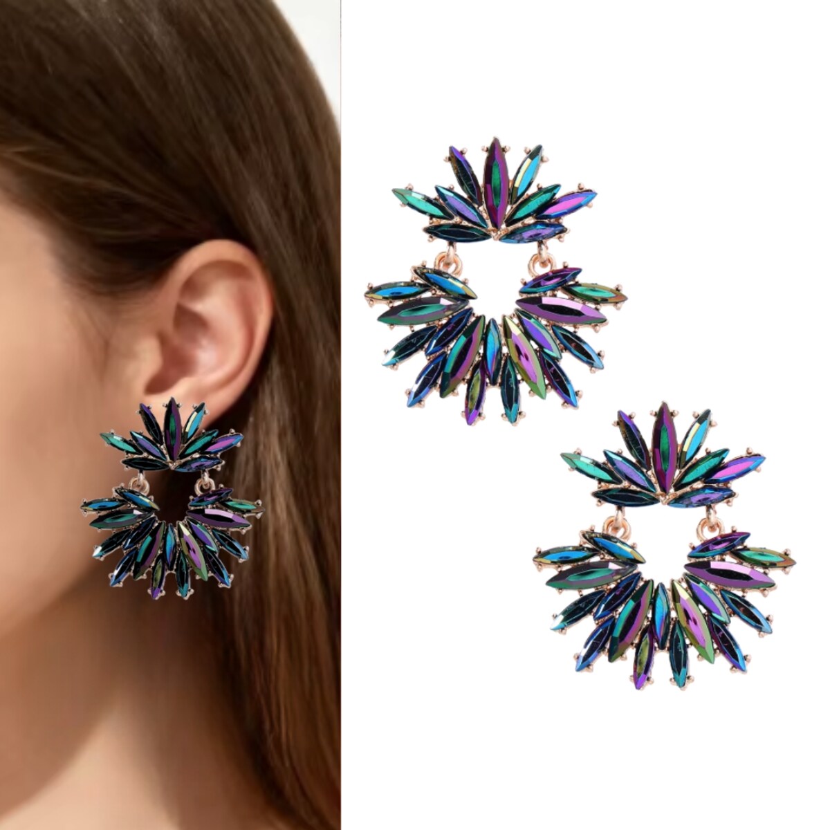 Złote CIEMNE kolczyki rozety wiszące nowoczesne wieczorowe eleganckie