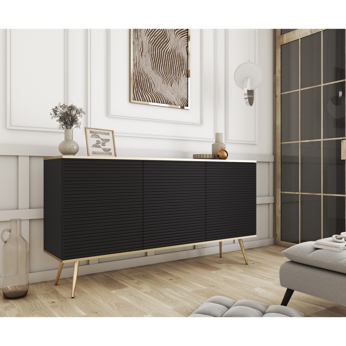 Komoda 160 POLO na wysokich złotych nożach, ryflowane fronty, czarna