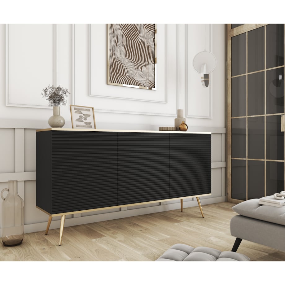 Komoda 160 POLO na wysokich złotych nożach, ryflowane fronty, czarna