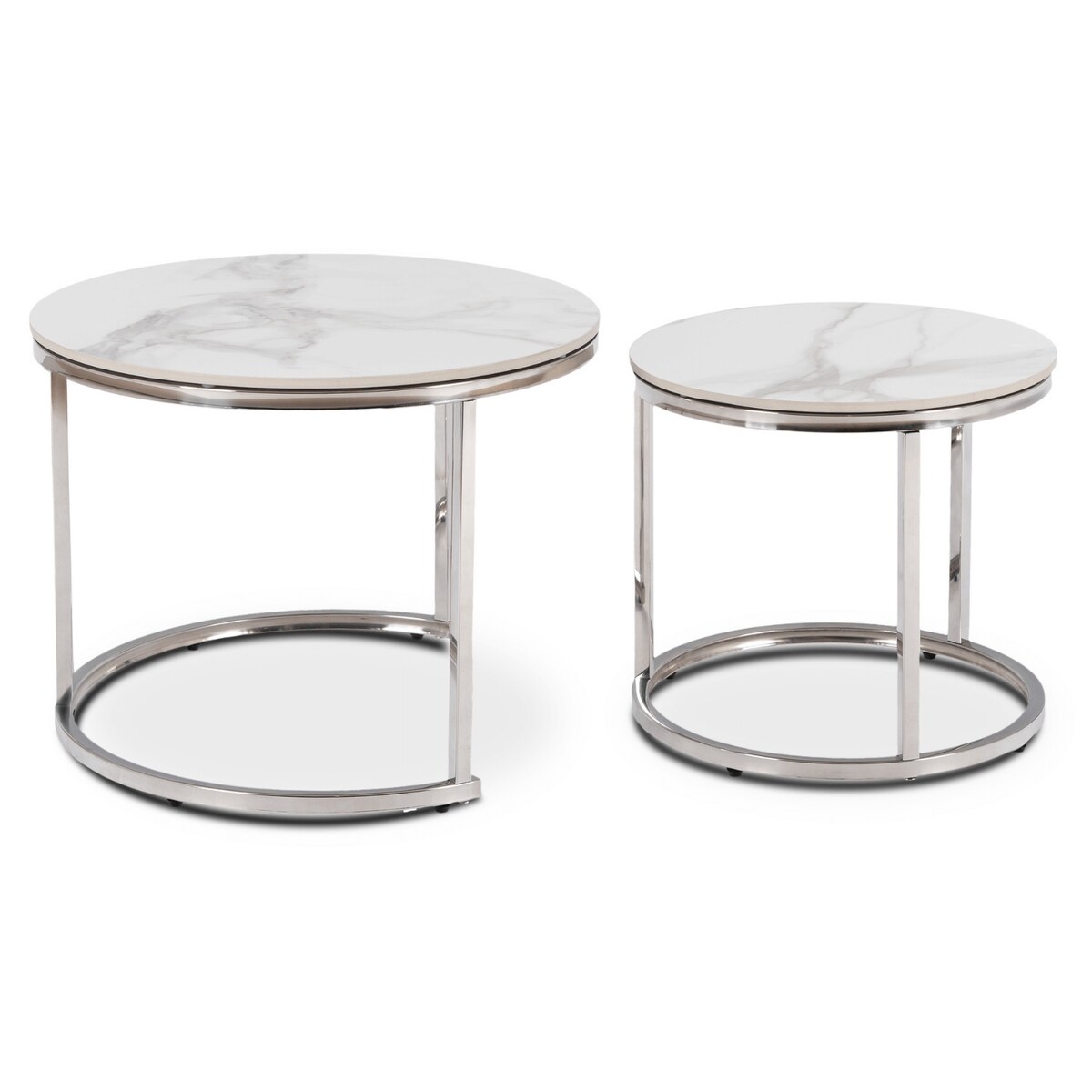 Stolik Kawowy Okrągły Zestaw 2w1 Ława Glamour Marmur Biały Srebrny AMARA