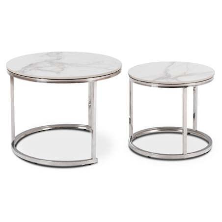 Stolik Kawowy Okrągły Zestaw 2w1 Ława Glamour Marmur Biały Srebrny AMARA