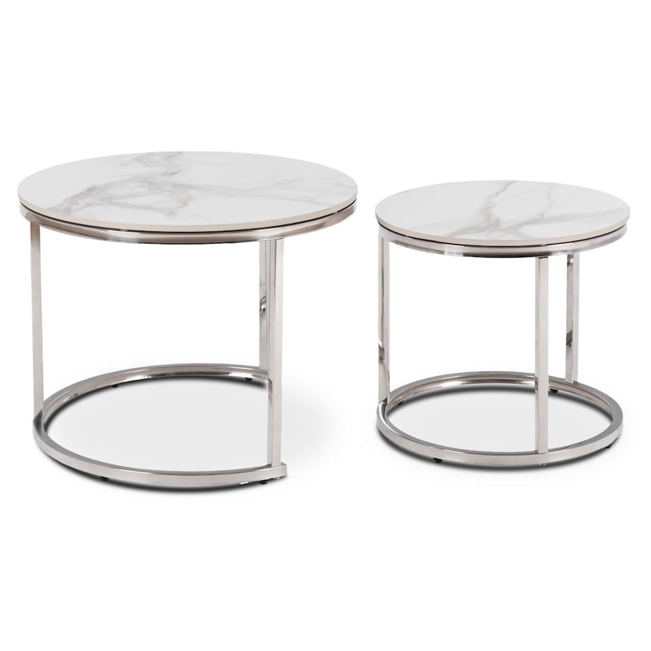 Stolik Kawowy Okrągły Zestaw 2w1 Ława Glamour Marmur Biały Srebrny AMARA