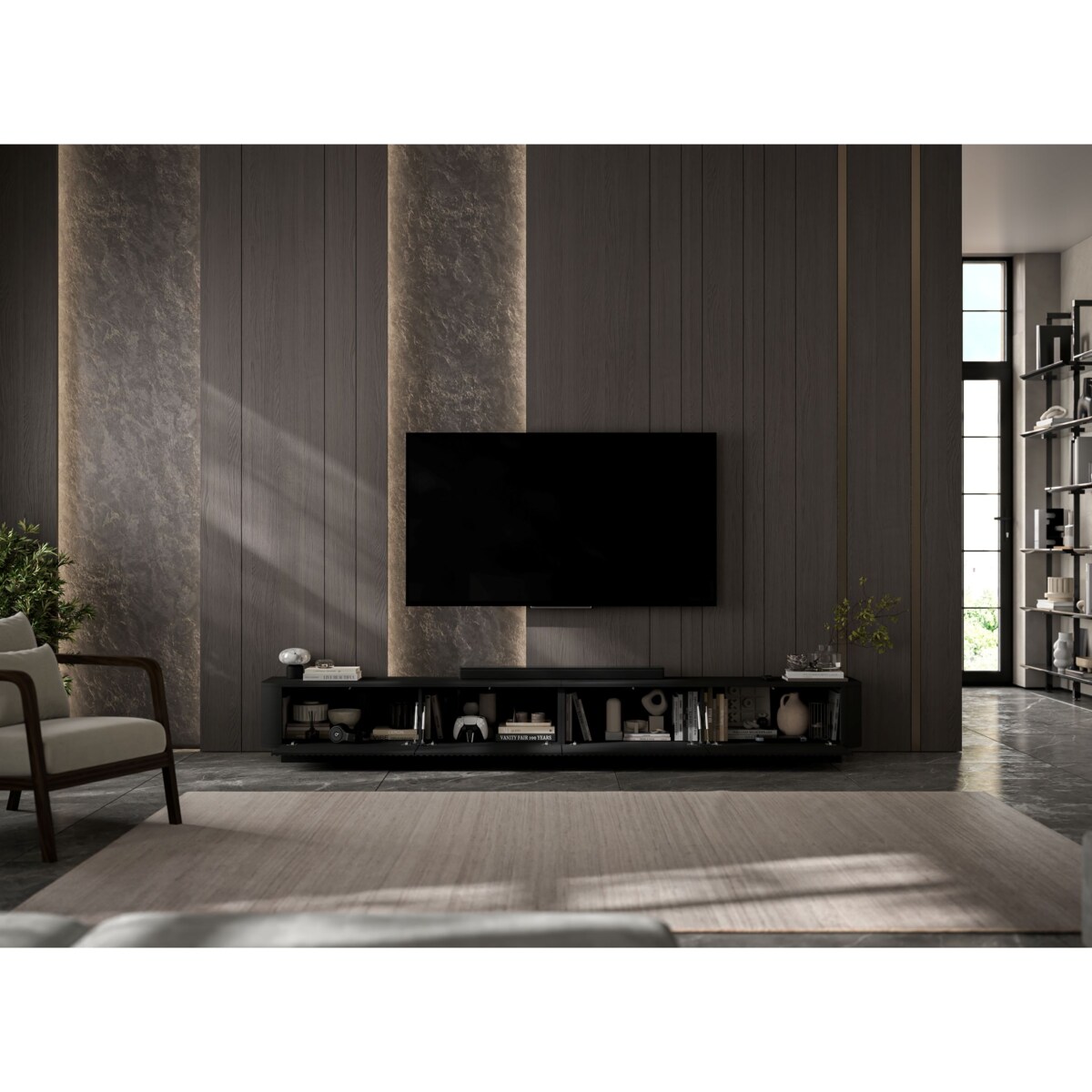 Szafka RTV Uniwersalna 280 cm Glamour Ryflowane Fronty Czarny Mat Nowoczesna Komoda RTV