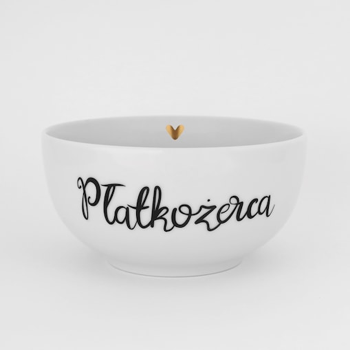 Biała miska porcelanowa - motyw złotego serca i napisu płatkożerca dla miłośnika śniadań na urodziny