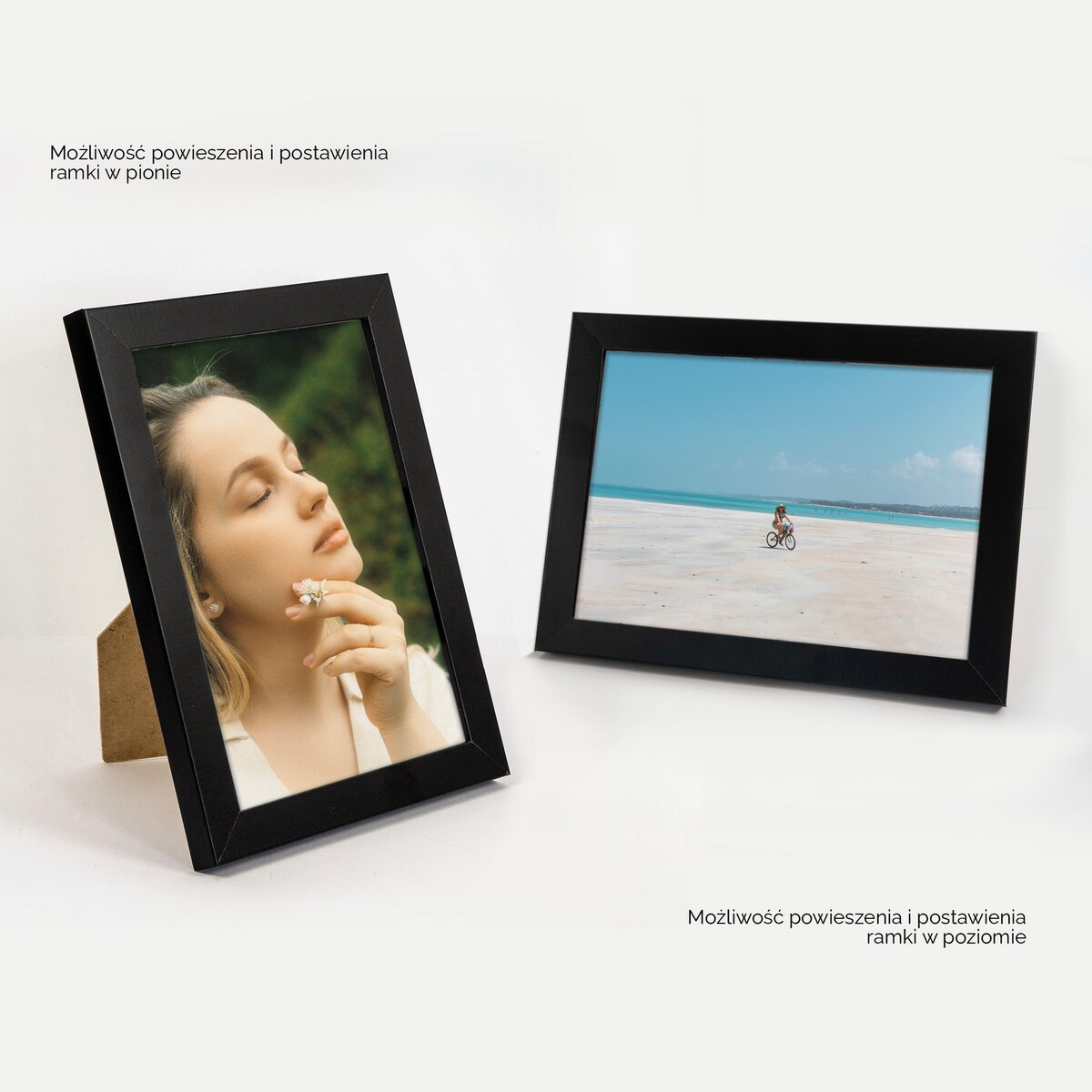 Ramka na zdjęcia 15x21 cm czarna rama MDF z plexi do powieszenia pion poziom stopka klasyczna ramka FRAMAI