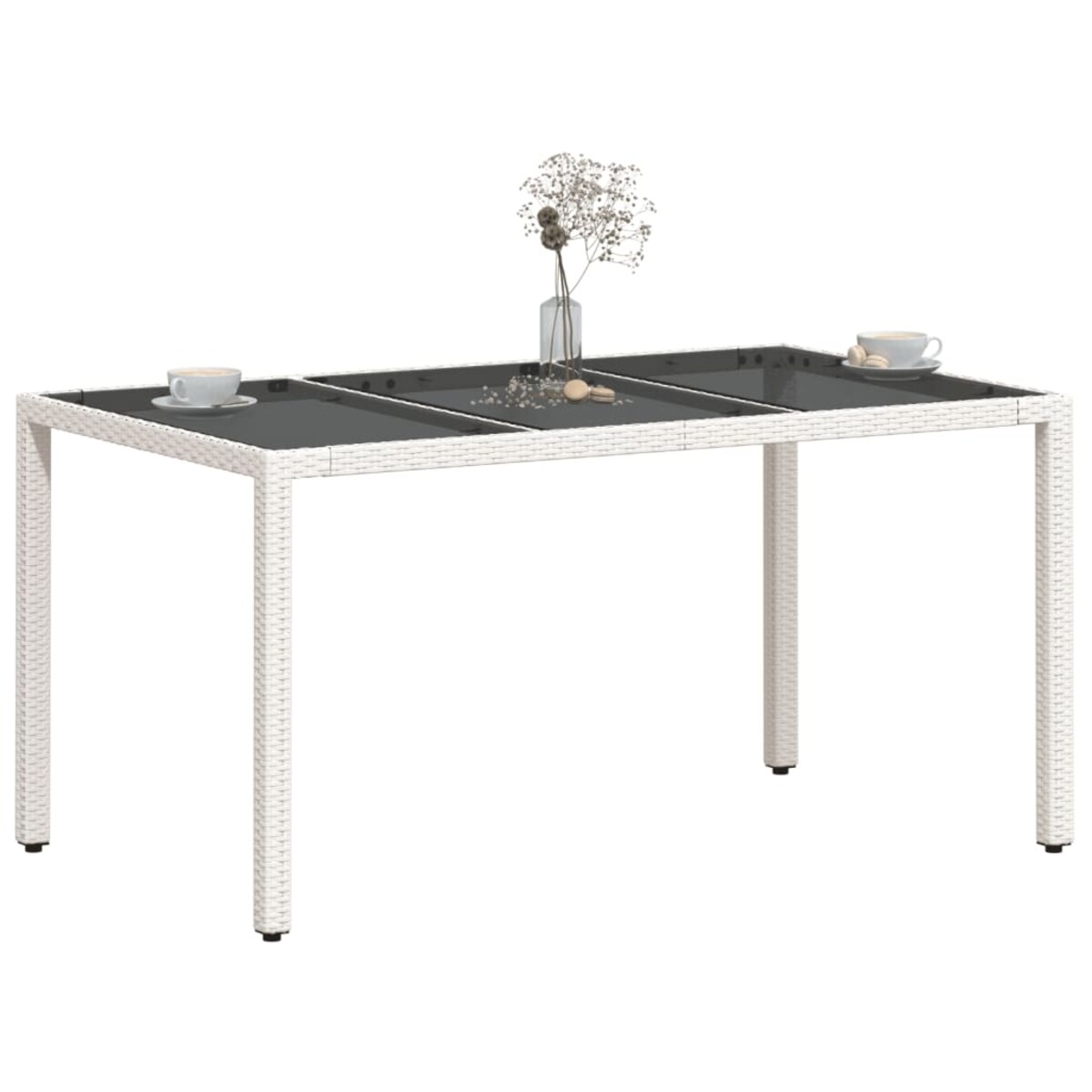 vidaXL Stół ogrodowy ze szklanym blatem, biały, 150x90x75 cm rattan PE