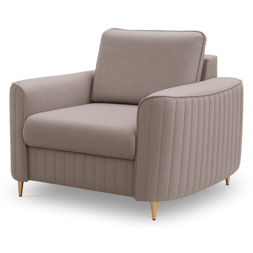 Fotel wypoczynkowy LOREN do salonu z pikowaniami na złotych nóżkach, taupe