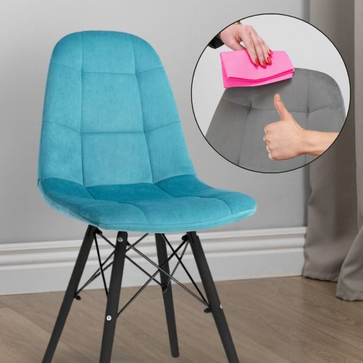 Krzesło tapicerowane turkusowe welurowe czarne nogi skandynawskie