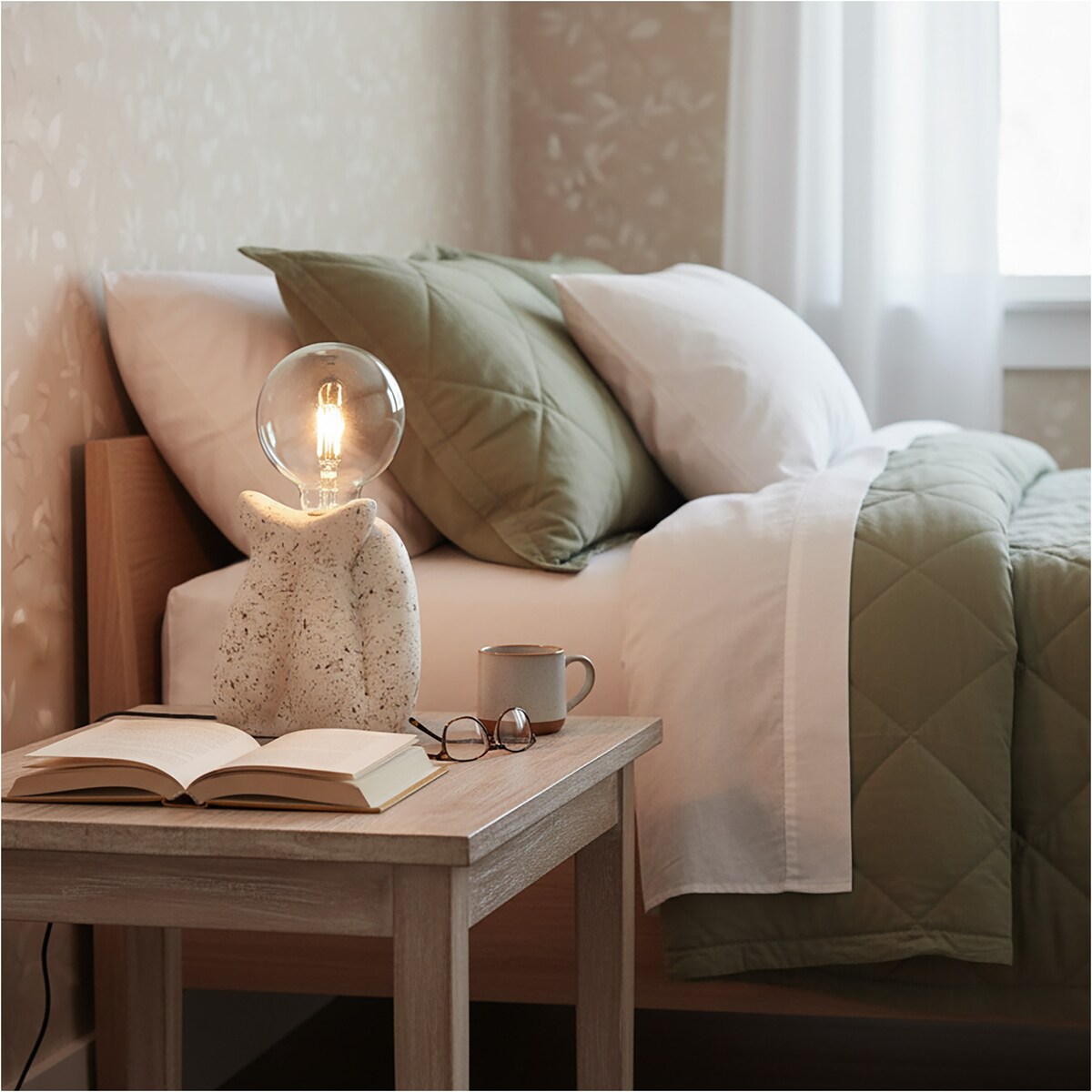 Lampka Nocna Led Stojąca Stołowa Cementowa Dekoracyjna Na Baterie Biała