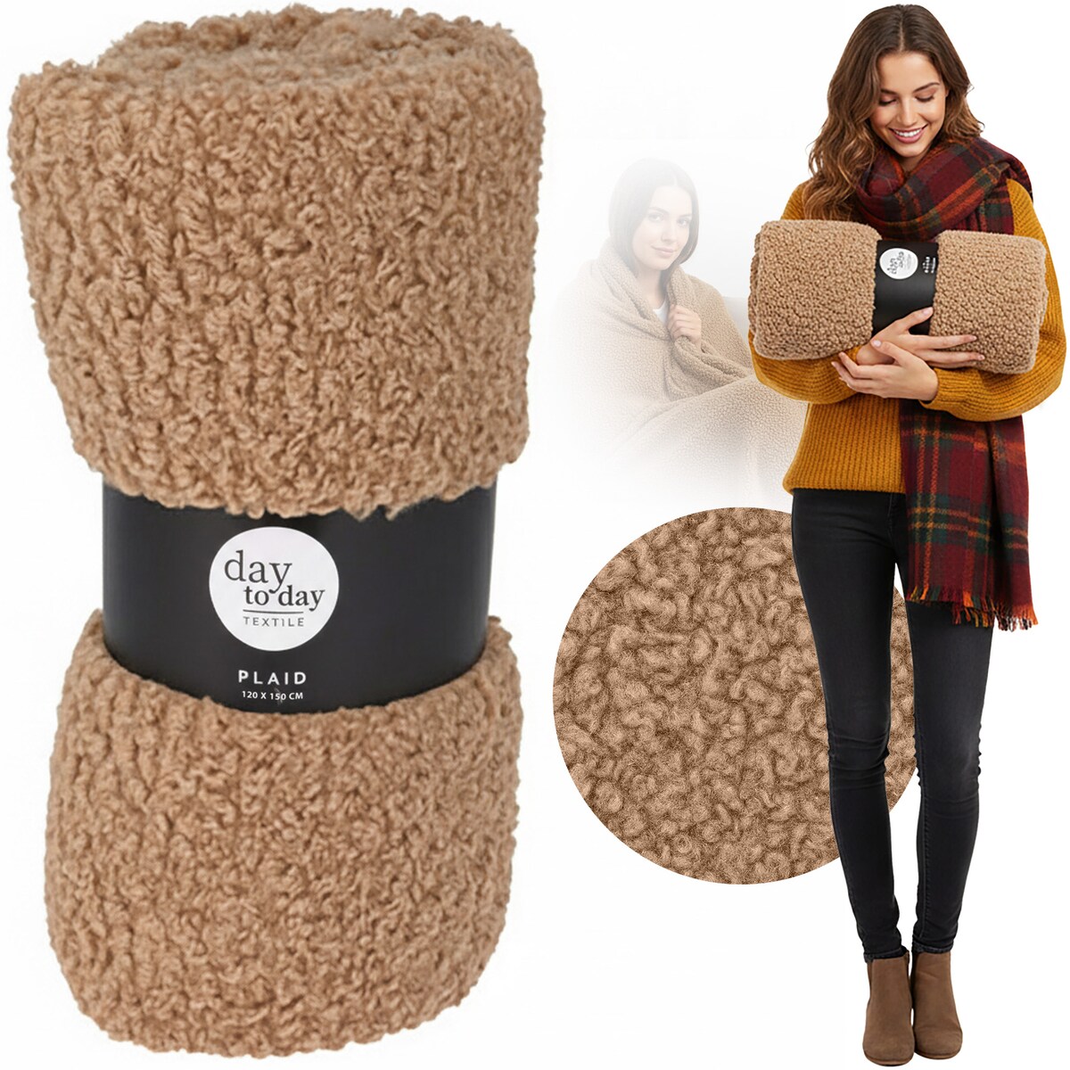 Koc Baranek Sherpa Narzuta Ciepły Jesienny 150X120 Cm Poliestrowy Do Salonu Sypialn