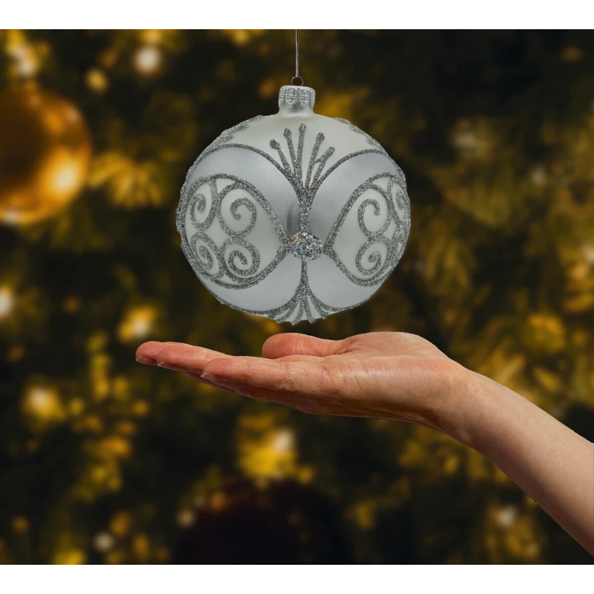 ZESTAW 6 szt.: Bombka choinkowa: Srebrna z ornamentem: 6 sztuk