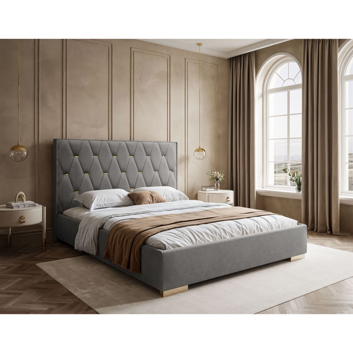 Łóżko tapicerowane IZOLDA z wysokim zagłówkiem, selaż 34, 140x200, Royal Velvet 250