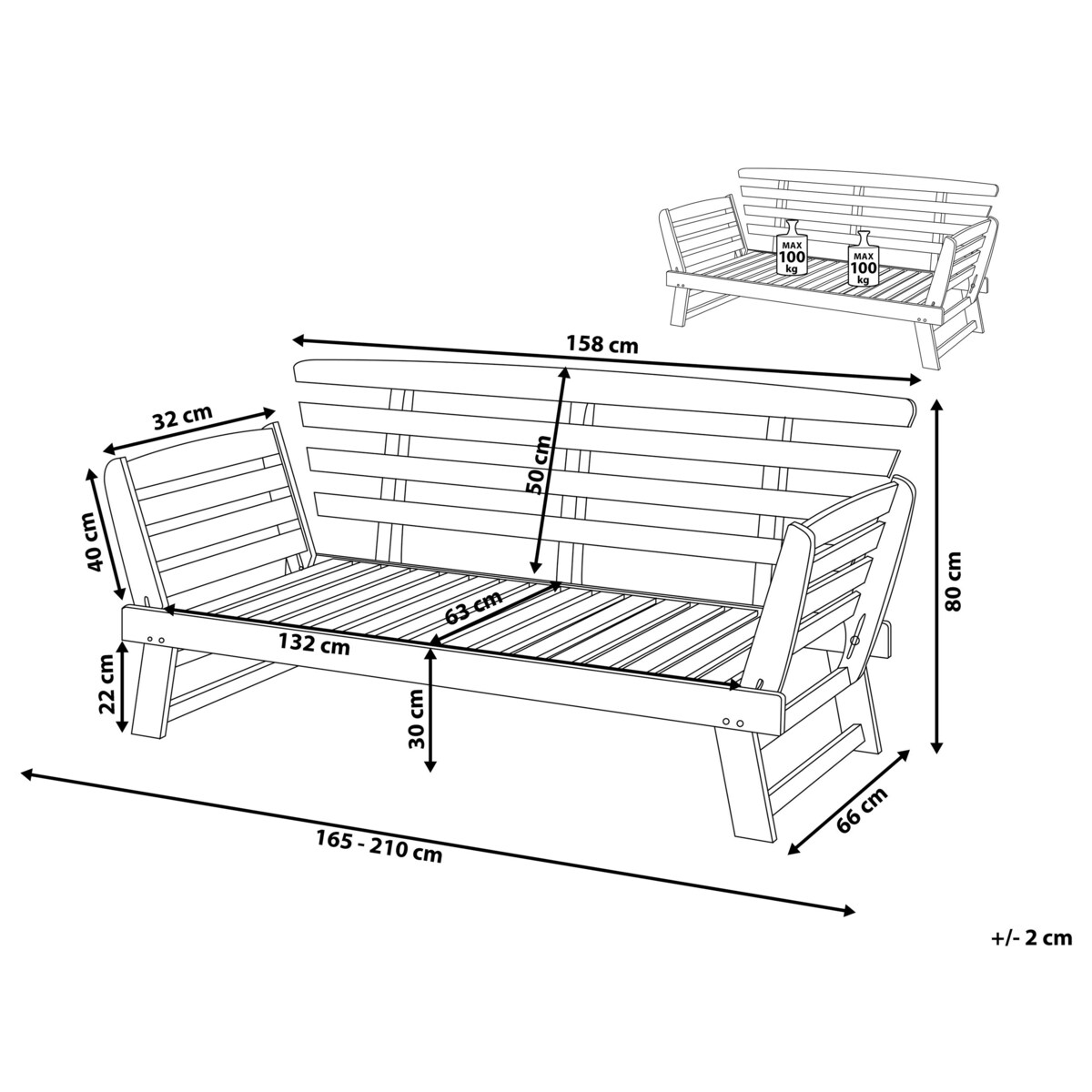 Sofa ogrodowa drewniana 165/210 cm ciemna z regulowanymi podłokietnikami PORTICI